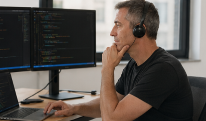 Ingeniero revisando código en dos monitores — auditoría de seguridad pre-producción