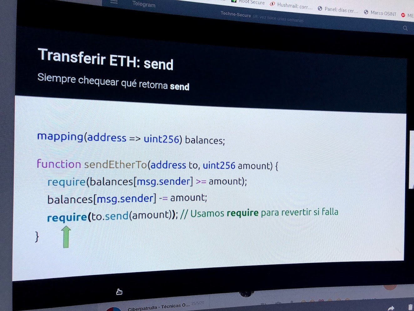 Función Solidity sendEtherTo — patrón require para transferencia segura